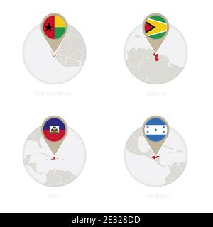 Guinea-Bissau, Guyana, Haiti, Honduras Karte und Flagge im Kreis. Vektorgrafik. Stock Vektor