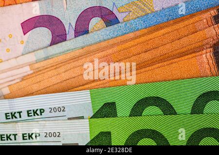 Nahaufnahme Makro Detail von Euro Banknoten, Detail Foto von EURO Währung, Geld Konzept Stockfoto