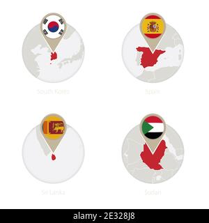 Südkorea, Spanien, Sri Lanka, Sudan Karte und Flagge im Kreis. Vektorgrafik. Stock Vektor