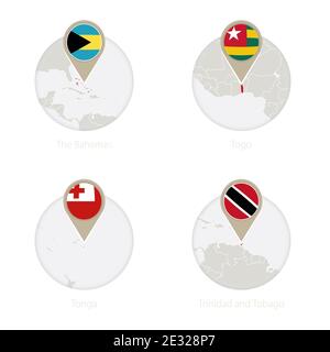 Bahamas, Togo, Tonga, Trinidad und Tobago Karte und Flagge im Kreis. Vektorgrafik. Stock Vektor