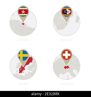 Suriname, Swasiland, Schweden, Schweiz Karte und Flagge im Kreis. Vektorgrafik. Stock Vektor