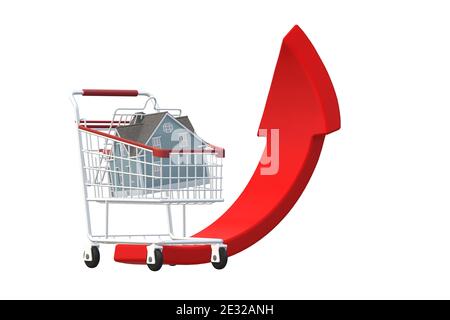 Preis des Hauses. Diagramm zum Immobilienwachstum. Transportwagen, Haus, roter Pfeil auf weiß isoliert. 3D-Illustration Stockfoto