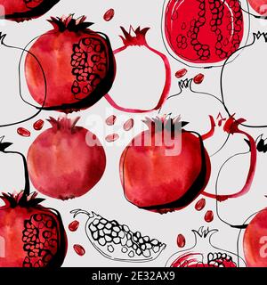 Nahtloses Muster mit Illustration von Granatapfel Aquarell mit Tinte auf Hellgrauer Hintergrund Stockfoto