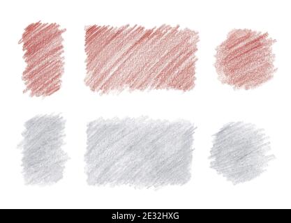 Handbemalte Farbstiftzeichnungen in Terrakotta und silbergrau. Farbstift Design Elemente. Satz Farbbleistift-Farbfelder. Stockfoto