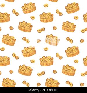Haselnusskuchen mit Nüssen darauf nahtlose Muster, handgezeichnete köstliche Aquarell Dessert Food Illustration für Menü, Grußkarte, Banner, holi Stockfoto