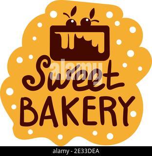 Süße Bäckerei Logo oder Ikone mit Kuchen. Flache Bäckerei und Kuchen Silhouette mit Schildern für Konditorei. Lebensmittel aus Teig und Mehl Abzeichen Vektor isoliert Stock Vektor