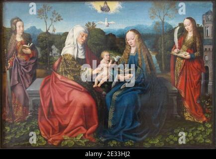 Maestro di francoforte, madonna col bambino, s. anna, caterina e barbara. Stockfoto