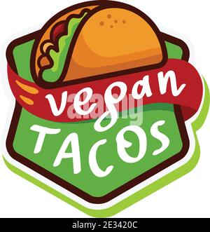 Vegane Tacos Logo Icon Aufkleber Menü. Vektorgrafik isoliert auf weißem Hintergrund. Stock Vektor