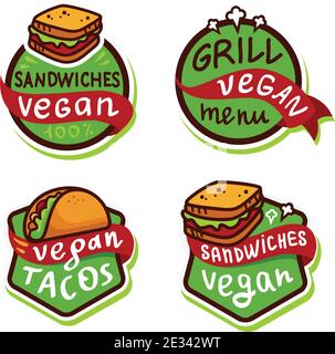 Vegan Fast Food Logo Icon Aufkleber Menü. Vektorgrafik isoliert auf weißem Hintergrund. Stock Vektor