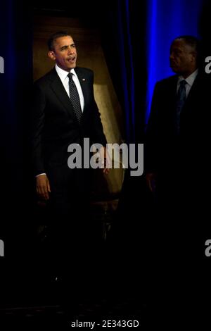 US-Präsident Barack Obama nimmt am 22. September 2010 an der DSCC/DCCC-Veranstaltung im Roosevelt Hotel, New York, Teil. Foto von Emily Anne Epstein/ABACAPRESS.COM (im Bild: Barack Obama) Stockfoto