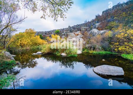 Ein schneller, flacher, sauberer Bach fließt zwischen glatten nassen großen Steinen, umgeben von hohen trockenen Klumpen, die im Wind im malerischen Ukraine schwanken Stockfoto
