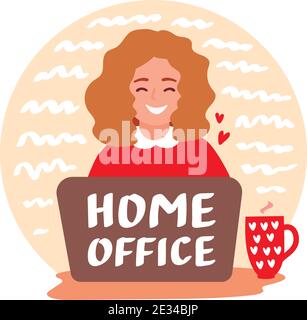 Nettes Mädchen mit Laptop funktioniert von zu Hause aus. Vector Konzept für Arbeitsplatz, freiberuflich, Business, Home Office. Weibliche Arbeiter Charakter isoliert auf weißem Rücken Stock Vektor