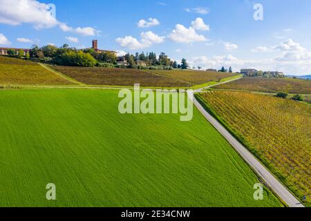 Luftaufnahme der Monferrato Weinberge und Schloss Uviglie im Hintergrund. Das Schloss ist auch für seine Weinproduktion berühmt Stockfoto