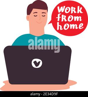 Junger Mann mit Laptop arbeitet von zu Hause aus. Vector Konzept für Arbeitsplatz, Freiberufler, Business, Arbeit zu Hause. Mann Arbeiter Charakter isoliert auf einem weißen Rücken Stock Vektor