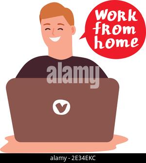 Junger Mann mit Laptop arbeitet von zu Hause aus. Vector Konzept für Arbeitsplatz, Freiberufler, Business, Arbeit zu Hause. Mann Arbeiter Charakter isoliert auf einem weißen Rücken Stock Vektor