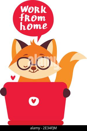 Little Fox sitzt mit Laptop und arbeitet von zu Hause aus. Helle Vektorgrafik mit Freelance in flacher Ausführung. Niedliche Zeichentrickfigur. Stock Vektor