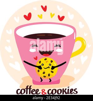 Niedliche Vektor-Illustration von Tasse Kaffee hält Cookies. Happy Kawaii Charakter mit lächelndem Gesicht, Herzen und Text - Kaffee Zeit. Karte, Poster, Druck Stock Vektor