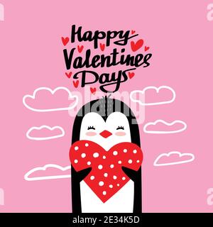 Niedliche Zeichentrickfigur Pinguin mit Herz in Pfoten. Vektor Hand gezeichnet Illustration von Valentinstag und Liebe für Postkarte, Banner, Grußkarte, Post Stock Vektor