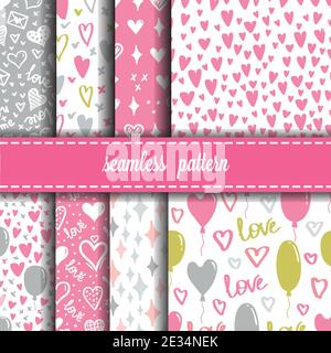 Einfache Herzen nahtlose Vektor-Muster gesetzt. Valentinstag Hintergrund. Flaches Design endlose chaotische Textur aus Herz-Silhouetten und Luftballons. Stock Vektor