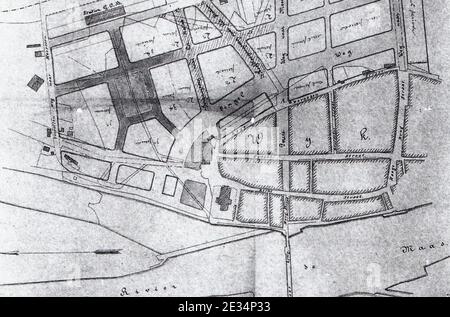 Maastricht, Plan tot aanleg van straten op de vestingterreinen te Wyk, 1882 (crop2). Stockfoto