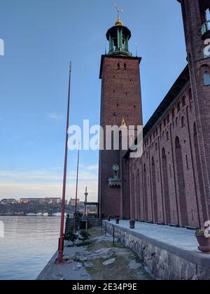 Stockholm, Schweden - April 19 2019: Nahaufnahme des Rathauses oder Stadshuset am 19 2019. April in Stockholm Schweden. Stockfoto