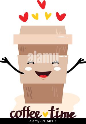 Niedliche Vektor-Illustration einer Tasse Kaffee mit Herz und Händen. Happy Kawaii Charakter mit lächelndem Gesicht, Herzen und Text - Kaffee Zeit. Karte, poste Stock Vektor