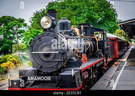 Ein Dampfzug wird von einer vollständig restaurierten Lokomotive der Baureihe C17 aus den frühen 1920er Jahren entlang der historischen Eisenbahnlinie von Mary Valley Rattler gezogen. Stockfoto