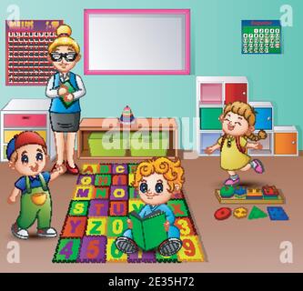 Vektor-Illustration von Lehrer und Schüler im Kindergarten Klassenzimmer Stock Vektor