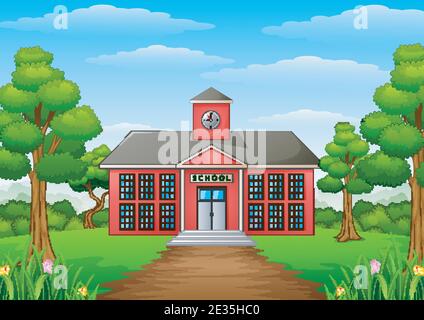 Vektor-Illustration von Cartoon Schulgebäude mit grünem Hof Stock Vektor