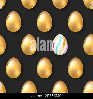 Osterschmuck aus goldenen Eiern mit einem Unterschied. Symbol für einzigartig. Nahtloses Muster. Vektor-3d-Illustration. Stock Vektor