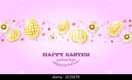 Festliches Muster aus goldenen Eiern, Frühlingsblumen und Perlen auf rosa Hintergrund. Frohe Ostern Grußkarte. Vektor-3d-Illustration Stock Vektor