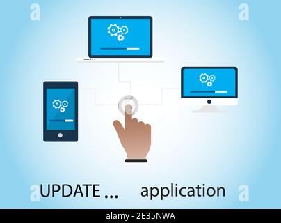 Hand zeigt mit Smartphone, Laptop und pc.Daten aktualisieren oder synchronisieren mit Bar Prozess Symbol flaches Design Vektor Illustration.EPS10. Stock Vektor