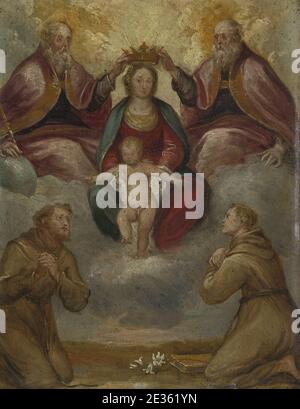 Madonna mit Kind von der Dreifaltigkeit gekrönt und von Franziskanerheiligen verehrt. Stockfoto