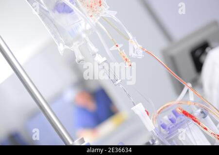 Infusionsbeutel auf dem Rack. Stockfoto