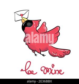 Red Cartoon Vogel fliegt halten Liebesbrief im Schnabel Stock Vektor