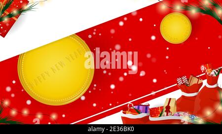 Schneeflocken auf rotem und weißem Hintergrund. Frohe Weihnachten und Frohes neues Jahr. Legen Sie Neujahrsgeschenke auf dem festlichen Hintergrund fest. Farbig. Winterurlaub Eingestellt Stock Vektor