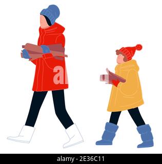 Winter Camping und Freizeit, Menschen mit Baumstämmen Stock Vektor