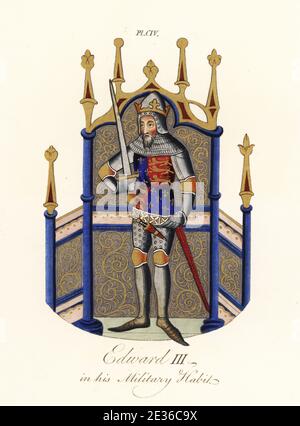 Eduard III., König von England (1327-1377), steht mit gezogenem Schwert, trägt eine Krone, Helm, Anzug aus Platte Rüstung, Kettenpost hauberk, Obermantel der Arme von England, drei Löwen und Fleur-de-lys. Aus einer beleuchteten Initiale E in Historical Compilation, Cotton MS Nero D vi. Handkolorierter Stich von Joseph Strutt aus seiner vollständigen Ansicht des Kleides und der Gewohnheiten der Menschen von England, Henry Bohn, London, 1842. Stockfoto