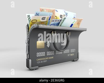 3d-Rendering von Open Credit Card mit Euro-Banknoten, Clipping-Pfad enthalten Stockfoto