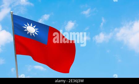 Taiwan Flagge auf Stange. Blauer Himmel. Nationalflagge von Taiwan Stockfoto