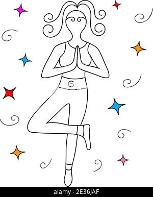 Lineare Silhouette einer Frau, die Yoga macht, während sie auf einem Bein steht. Abstrakte Frisur und Dekorationen rund um die Figur. Vektorgrafik. Stock Vektor