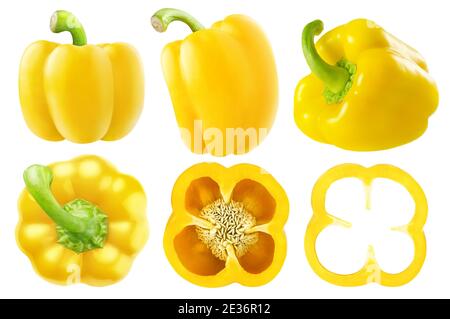 Isolierte Paprika. Sammlung von ganzen und geschnittenen gelben Paprika Sammlung auf weißem Bacjground isoliert Stockfoto