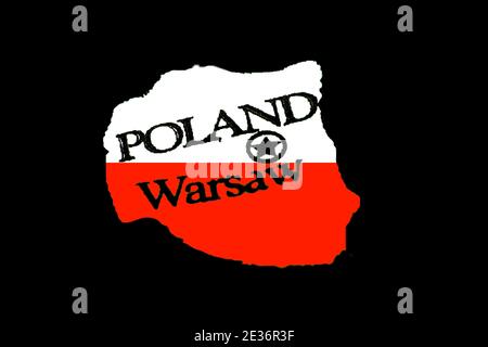 Polnische Flagge Karte mit Polen geschrieben auf und die Hauptstadt Warschau mit einem Stern markiert Stockfoto