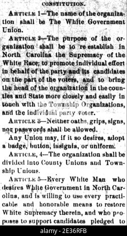 WILMINGTON MASSAKER North Carolina 10 November 1898. Die Verfassung der Weißen Regierungsunion, veröffentlicht im Wilmington Morning Star, 27. August 1898. Stockfoto