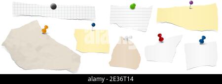 Sammlung von verschiedenen farbigen Papierfetzen mit Nadelnadeln Stock Vektor