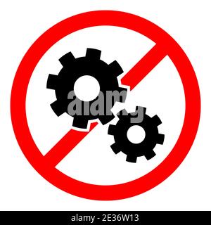 Symbol für Zahnradverbot. Getriebe ist verboten. Rotes Rundschild mit Zahnradsymbol stoppen oder sperren. Vektorgrafik. Kein Zahnrad-Symbol. Stock Vektor
