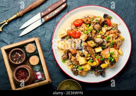 Appetitlich Eintopf oder Ragout mit Hühnerfleisch und Gemüse Stockfoto