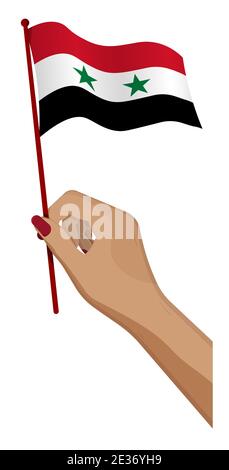 Weibliche Hand hält sanft kleine Syrien-Flagge. Design-Element Urlaub. Cartoon-Vektor auf weißem Hintergrund Stock Vektor