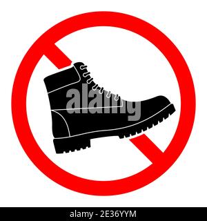Symbol „Stiefel sperren“. Wanderschuhe Verbotsschild. STOPPSCHILD. Vektorgrafik. Die Wanderschuhe mit rotem Verbotsschild. Stock Vektor