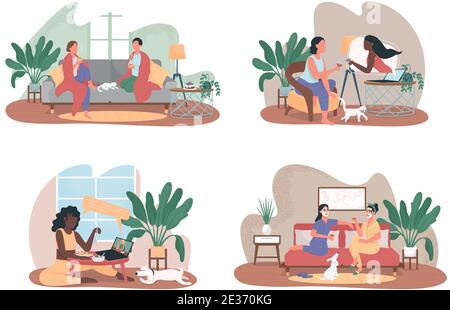 Freunde entspannen zu Hause zusammen 2D Vektor Web Banner, Poster-Set Stock Vektor